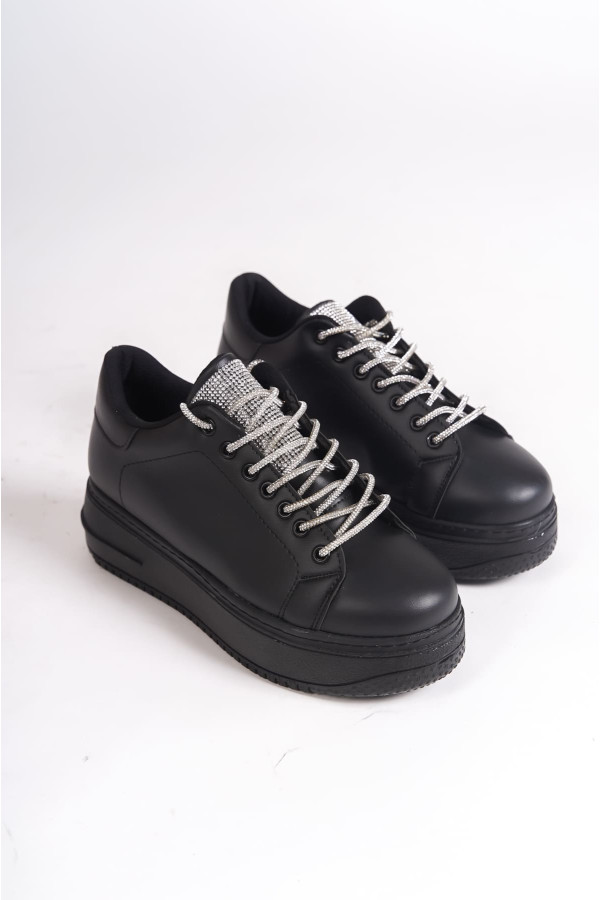 DELLA Bağcıklı Ortopedik Taban Taşlı Kadın Sneaker Spor Ayakkabı - Siyah DELLA Bağcıklı Ortopedik Taban Taşlı Kadın Sneaker Spor Ayakkabı - Siyah