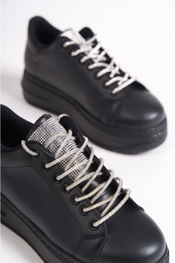 DELLA Bağcıklı Ortopedik Taban Taşlı Kadın Sneaker Spor Ayakkabı - Siyah DELLA Bağcıklı Ortopedik Taban Taşlı Kadın Sneaker Spor Ayakkabı - Siyah