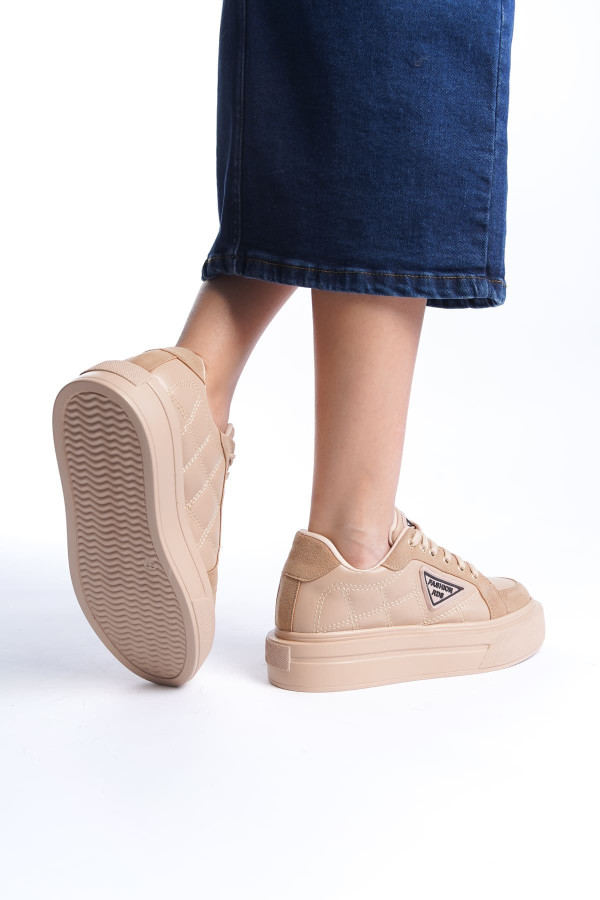 PRAG Bağcıklı Ortopedik Taban Desenli Kadın Sneaker Spor Ayakkabı - Ten PRAG Bağcıklı Ortopedik Taban Desenli Kadın Sneaker Spor Ayakkabı - Ten