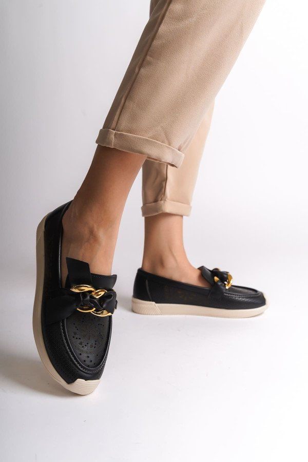 LYDIA Bağcıksız Ortopedik Rahat Taban Çiçek Desenli Kadın Babet Ayakkabı - Siyah