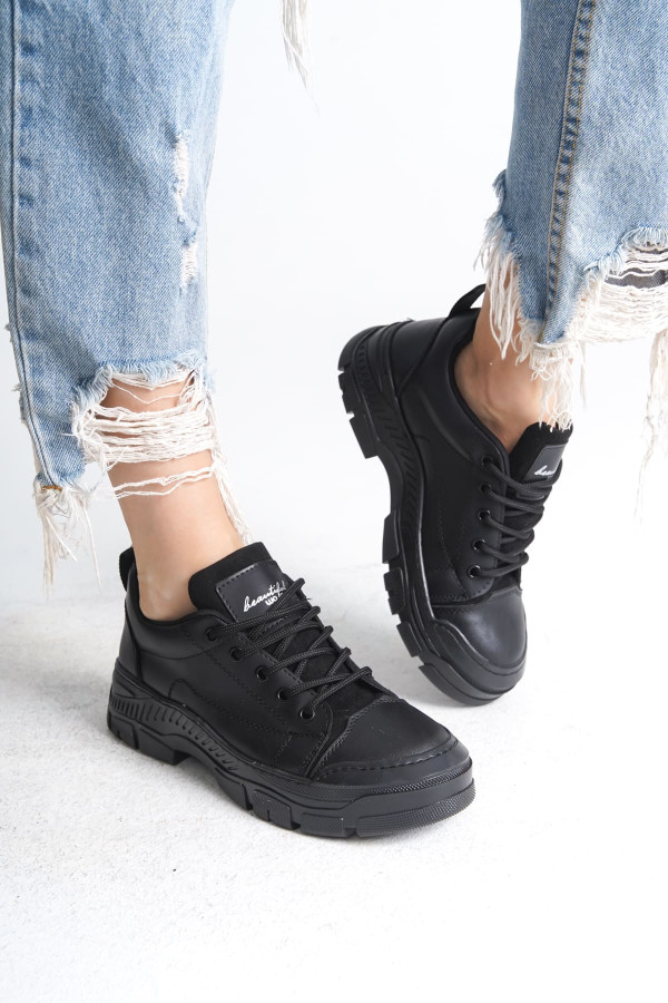 JANE Bağcıklı Ortopedik Taban Kadın Sneaker Spor Ayakkabı - Siyah
