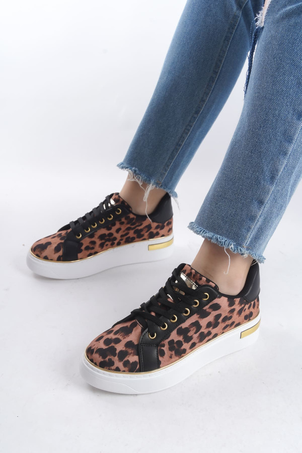MINA Bağcıklı Ortopedik Taban Leopar Desenli Kadın Sneaker Spor Ayakkabı - Kahverengi