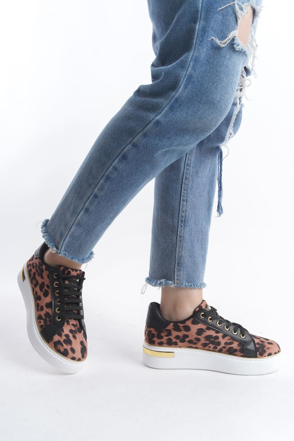 MINA Bağcıklı Ortopedik Taban Leopar Desenli Kadın Sneaker Spor Ayakkabı - Kahverengi MINA Bağcıklı Ortopedik Taban Leopar Desenli Kadın Sneaker Spor Ayakkabı - Kahverengi