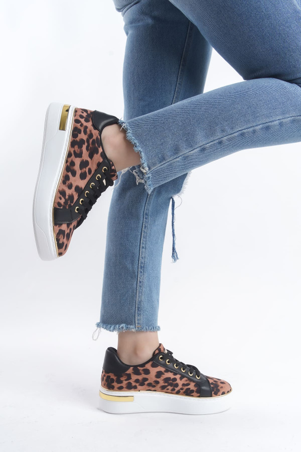 MINA Bağcıklı Ortopedik Taban Leopar Desenli Kadın Sneaker Spor Ayakkabı - Kahverengi MINA Bağcıklı Ortopedik Taban Leopar Desenli Kadın Sneaker Spor Ayakkabı - Kahverengi