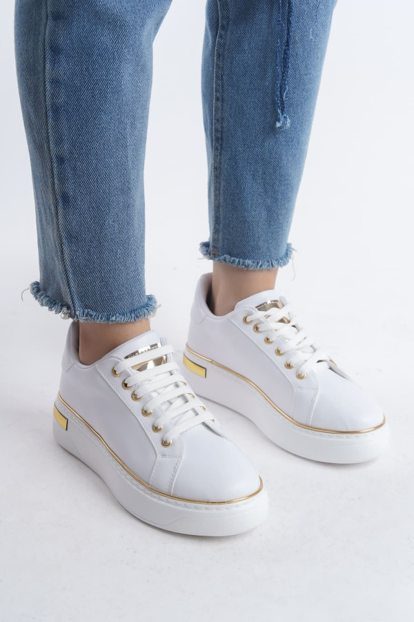 MINA Bağcıklı Ortopedik Taban Kadın Sneaker Spor Ayakkabı - Beyaz/Altın