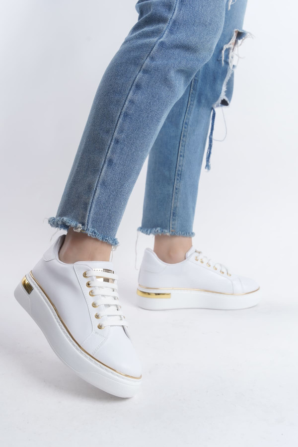 MINA Bağcıklı Ortopedik Taban Kadın Sneaker Spor Ayakkabı - Beyaz/Altın MINA Bağcıklı Ortopedik Taban Kadın Sneaker Spor Ayakkabı - Beyaz/Altın
