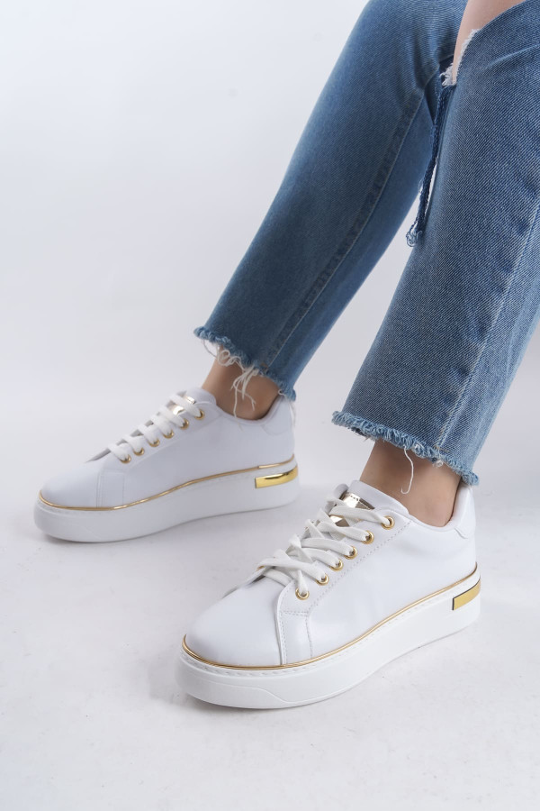 MINA Bağcıklı Ortopedik Taban Kadın Sneaker Spor Ayakkabı - Beyaz/Altın MINA Bağcıklı Ortopedik Taban Kadın Sneaker Spor Ayakkabı - Beyaz/Altın