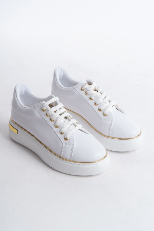 MINA Bağcıklı Ortopedik Taban Kadın Sneaker Spor Ayakkabı - Beyaz/Altın MINA Bağcıklı Ortopedik Taban Kadın Sneaker Spor Ayakkabı - Beyaz/Altın