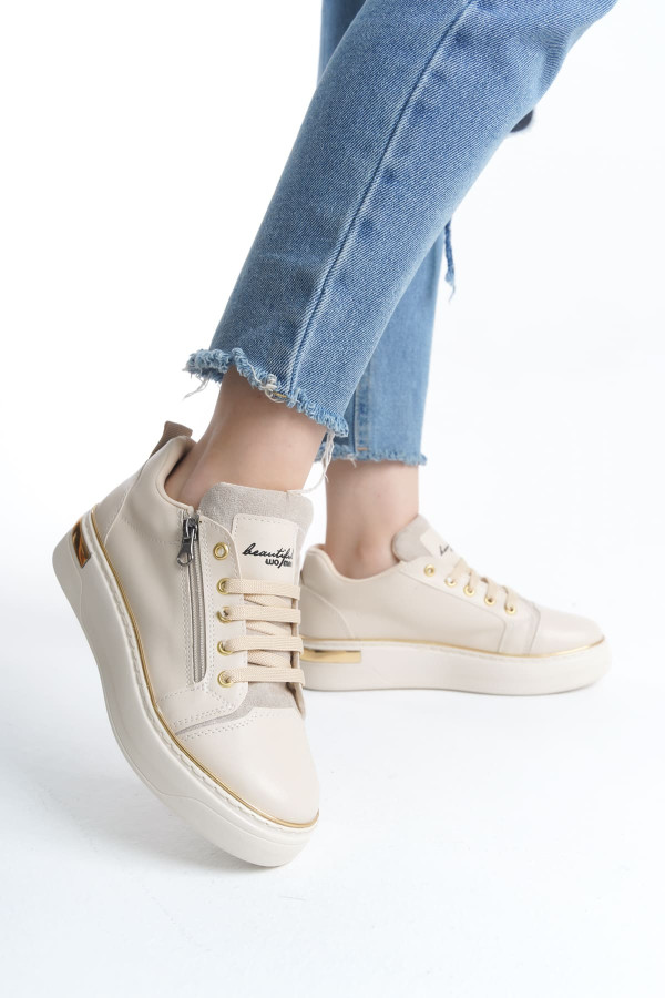 DINA Bağcıklı Fermuarlı Ortopedik Taban Kadın Sneaker Spor Ayakkabı - Krem/Altın