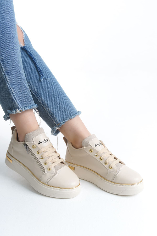 DINA Bağcıklı Fermuarlı Ortopedik Taban Kadın Sneaker Spor Ayakkabı - Krem/Altın