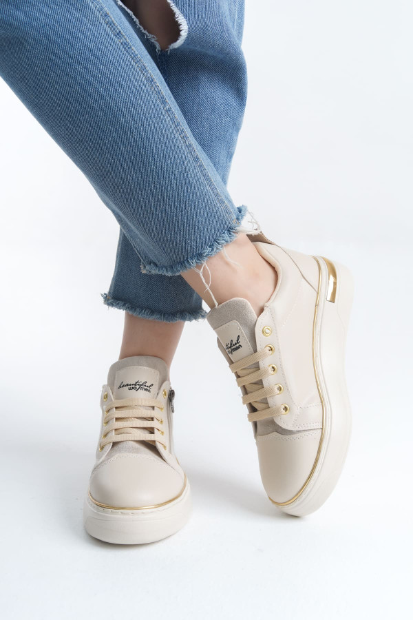 DINA Bağcıklı Fermuarlı Ortopedik Taban Kadın Sneaker Spor Ayakkabı - Krem/Altın DINA Bağcıklı Fermuarlı Ortopedik Taban Kadın Sneaker Spor Ayakkabı - Krem/Altın