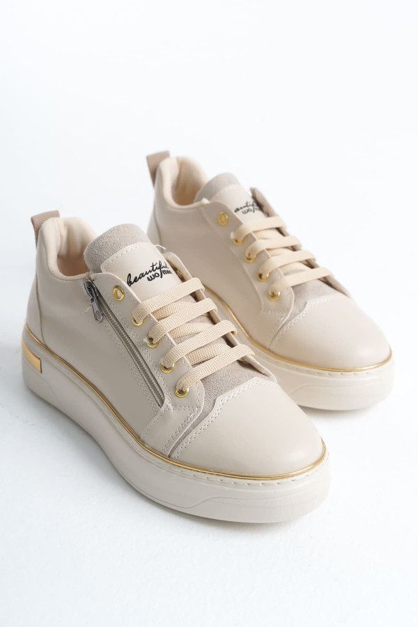 DINA Bağcıklı Fermuarlı Ortopedik Taban Kadın Sneaker Spor Ayakkabı - Krem/Altın DINA Bağcıklı Fermuarlı Ortopedik Taban Kadın Sneaker Spor Ayakkabı - Krem/Altın