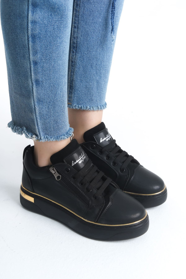 DINA Bağcıklı Fermuarlı Ortopedik Taban Kadın Sneaker Spor Ayakkabı - Siyah/Altın