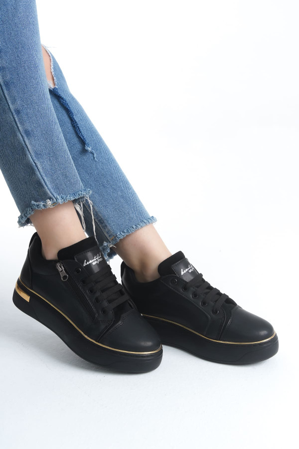 DINA Bağcıklı Fermuarlı Ortopedik Taban Kadın Sneaker Spor Ayakkabı - Siyah/Altın