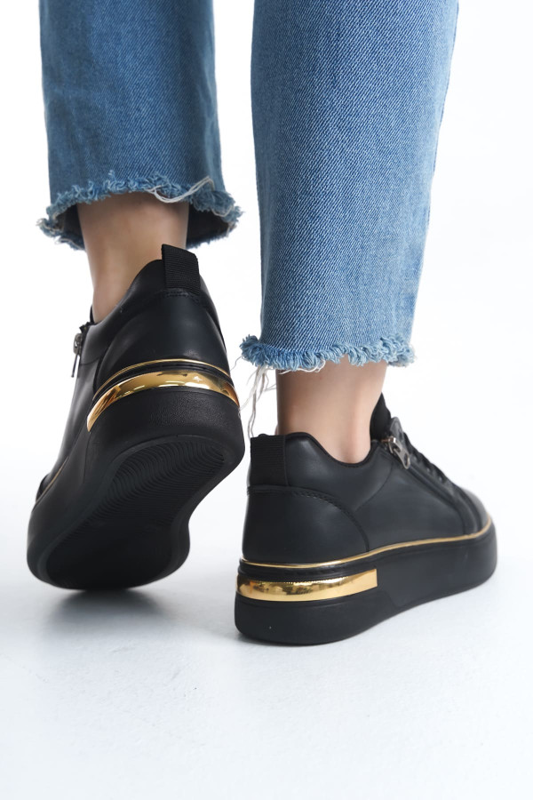 DINA Bağcıklı Fermuarlı Ortopedik Taban Kadın Sneaker Spor Ayakkabı - Siyah/Altın DINA Bağcıklı Fermuarlı Ortopedik Taban Kadın Sneaker Spor Ayakkabı - Siyah/Altın