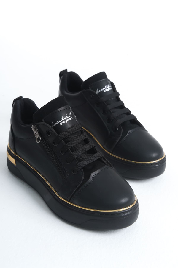 DINA Bağcıklı Fermuarlı Ortopedik Taban Kadın Sneaker Spor Ayakkabı - Siyah/Altın DINA Bağcıklı Fermuarlı Ortopedik Taban Kadın Sneaker Spor Ayakkabı - Siyah/Altın