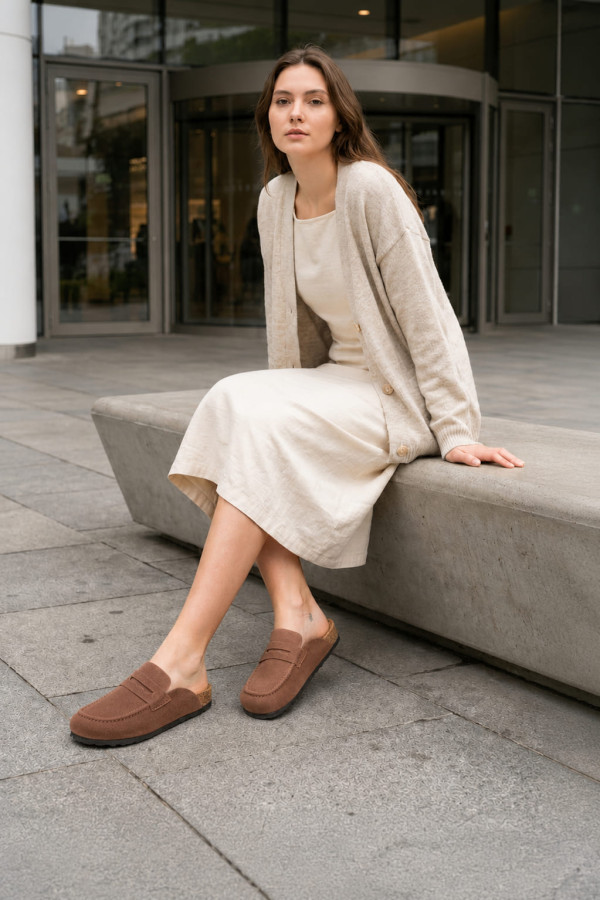 LUVRA Bağcıksız Hakiki Süet Deri Kadın Günlük Mantar Taban Loafer Klasik Ayakkabı - Kahve LUVRA Bağcıksız Hakiki Süet Deri Kadın Günlük Mantar Taban Loafer Klasik Ayakkabı - Kahve