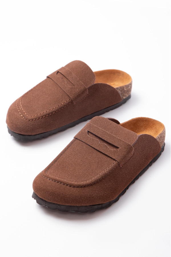 LUVRA Bağcıksız Hakiki Süet Deri Kadın Günlük Mantar Taban Loafer Klasik Ayakkabı - Kahve LUVRA Bağcıksız Hakiki Süet Deri Kadın Günlük Mantar Taban Loafer Klasik Ayakkabı - Kahve